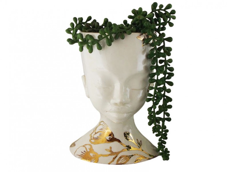 Handmade Ceramic Lady Planter - White Clay And Gold Lustre Protea Handmade Ceramic Lady Planter - White Clay And Gold Lustre Protea